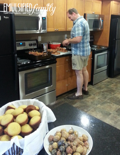 Nothing like cooking on your day off!  At lest he got to wear regular clothes.  :-)